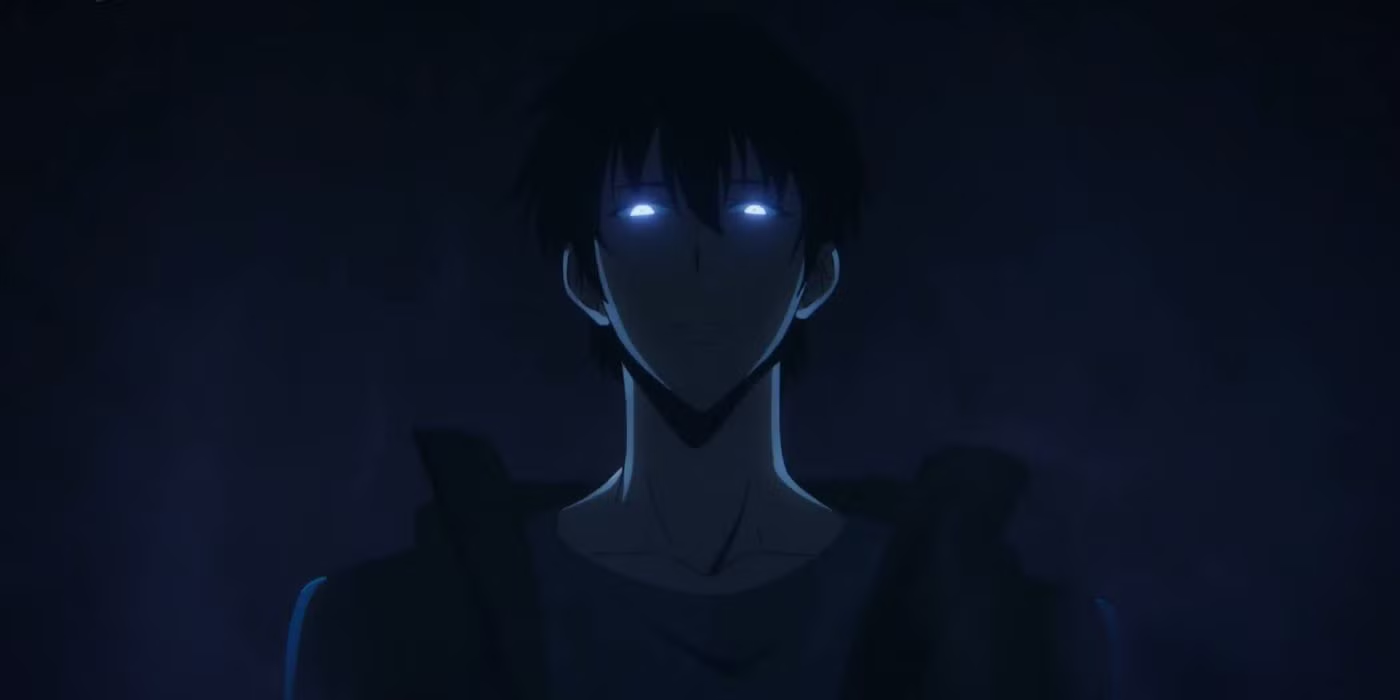 Jin-Woo with glowing eyes and shadows swirling around him, Selner frightened.